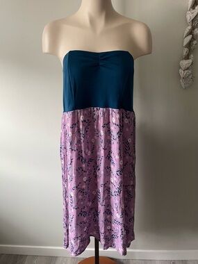 Ripzone Floral Smocked Strapless Two Toned Crinkle Gauze Midi Dress Mixed Media